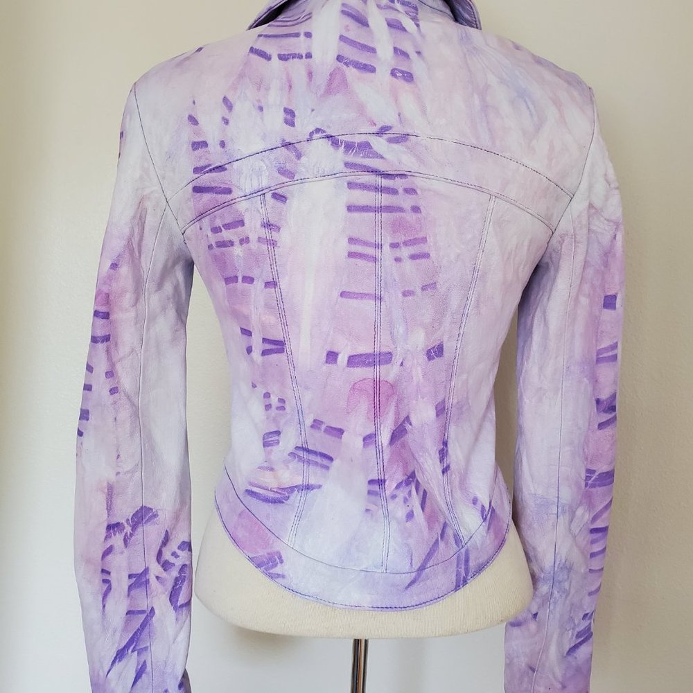 white purple pink Leather Motorcycle biker bomber Jacket tie dyed 2 4 6 XS small - Picture 5 of 10